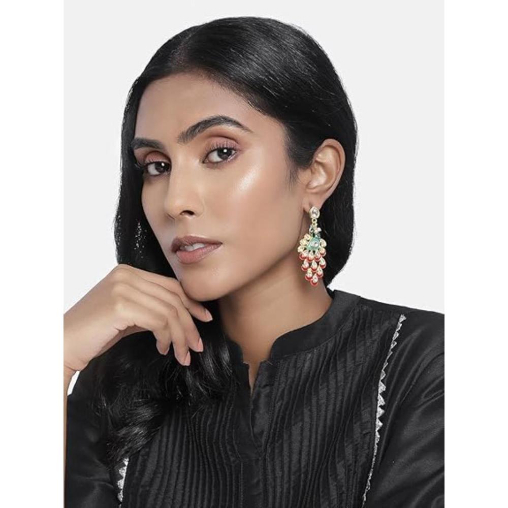 Etnico Gold Plated Meenakari Kundan Studded Peacock Design Dangle Earrings For Women (E2918R)