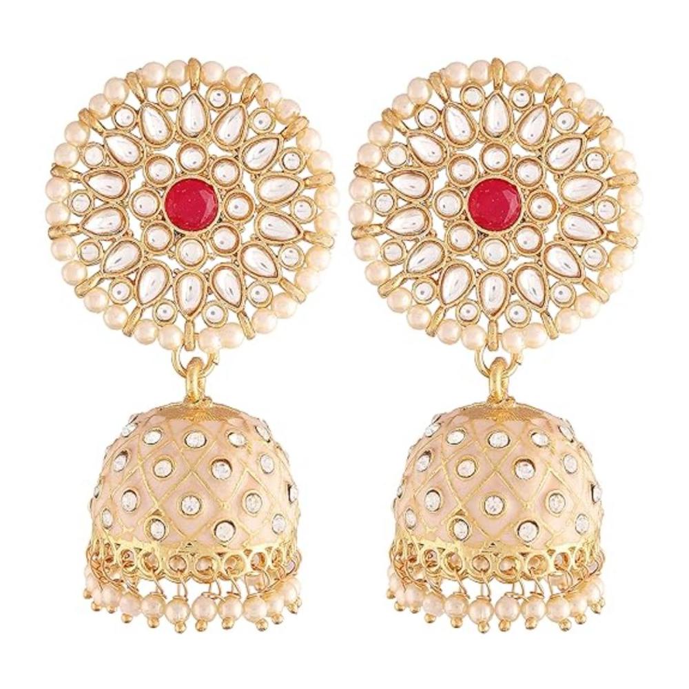 Etnico Gold Plated Meenakari Kundan & Pearl Drop Jhumka Earrings For Women (E2925Cr)