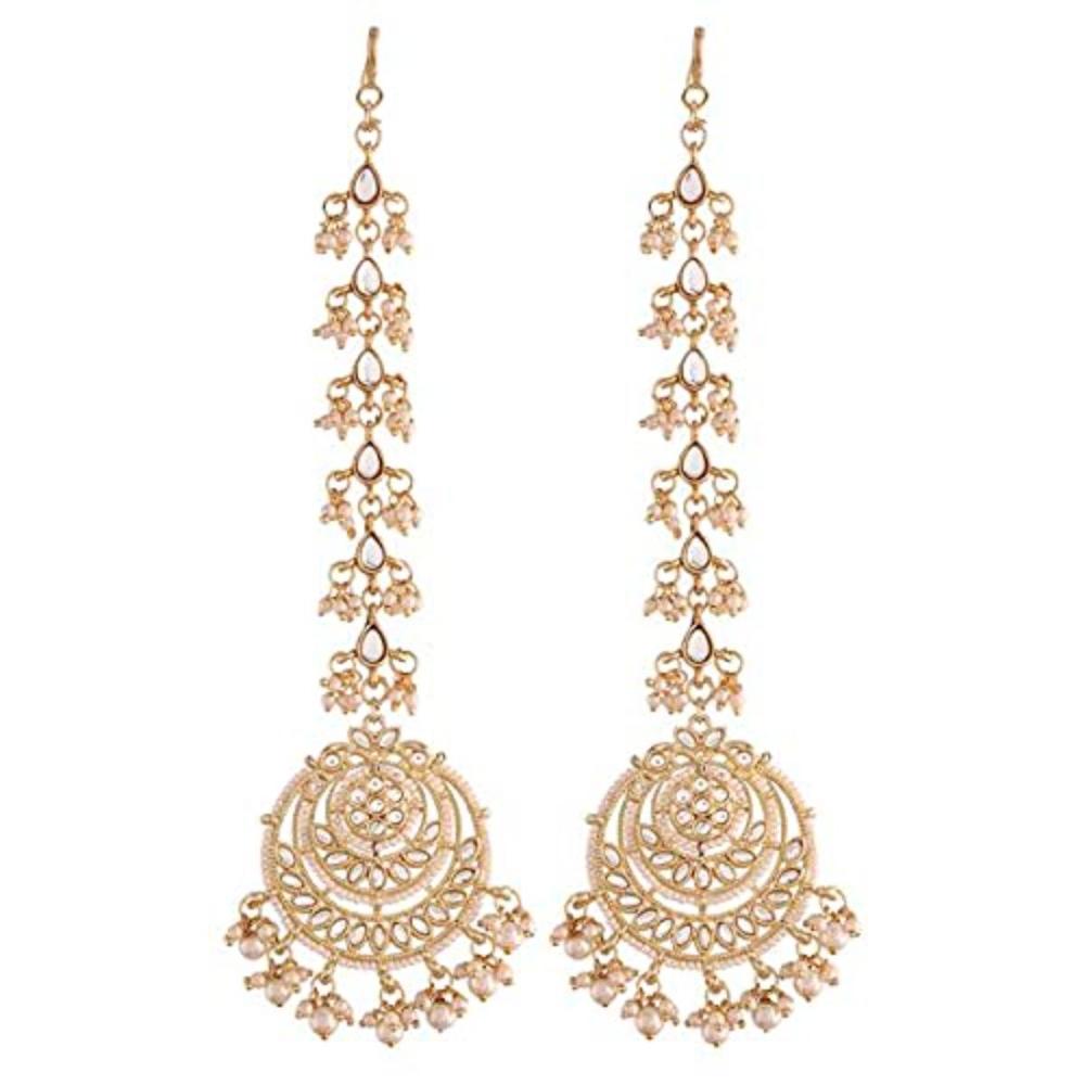 Etnico Gold Plated Kundan & Pearl Chandbali Earrings with Pear Earchain For Women (E2928W)