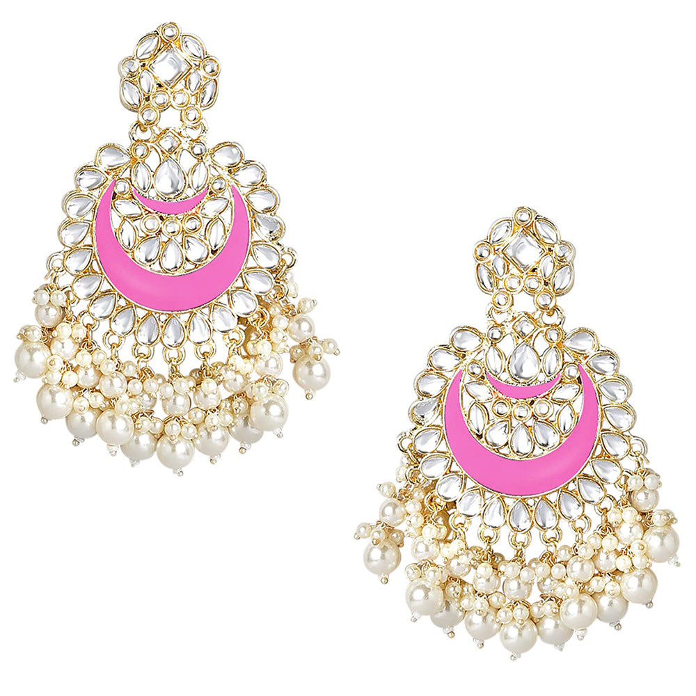 Etnico Gold Plated Intricately Designed Traditional Meenakari Chandbali Earrings Glided With Kundans & Pearls (E306Pi)