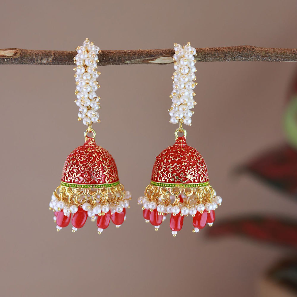 Etnico Gold Plated Traditional Meenakari Handcrafted Red Pearl Jhumki Earrings for Women/Girls(E3072R)
