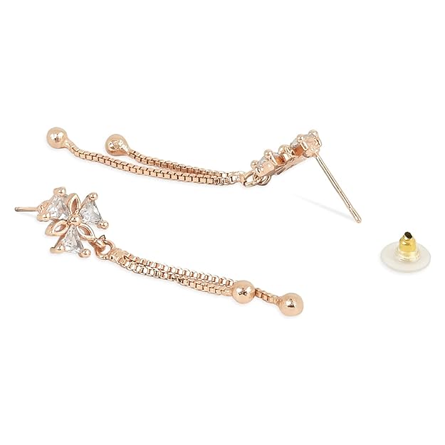 Etnico Valentines Special Sparkling Glamorous Rose Gold Plated Floral Shape Stud CZ and American Diamond Tassel Drop Fashionable Earrings for Women/Girls