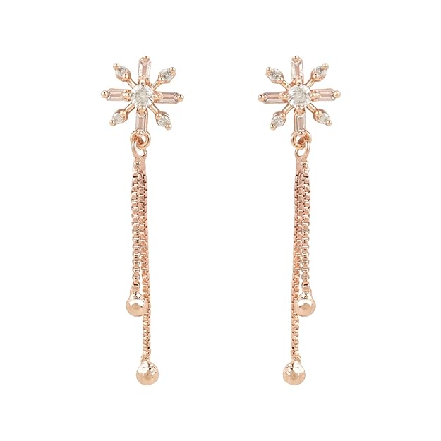 Etnico Valentines Special Sparkling Glamorous Rose Gold Plated Floral Shape Stud CZ and American Diamond Tassel Drop Fashionable Earrings for Women/Girls