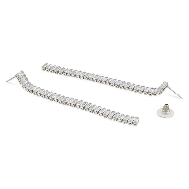 Etnico Valentines Special Sparkling Glamorous Silver Plated CZ and American Diamond Tassel Drop Fashionable Earrings for Women/Girls