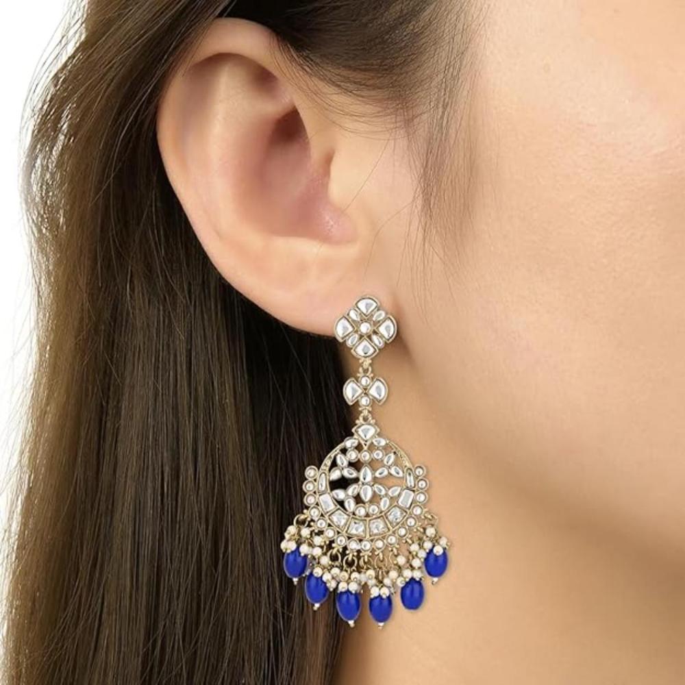Etnico Gold Plated Traditional Kundan & Pearl Chandbali Earrings For Women (E3157Bl)