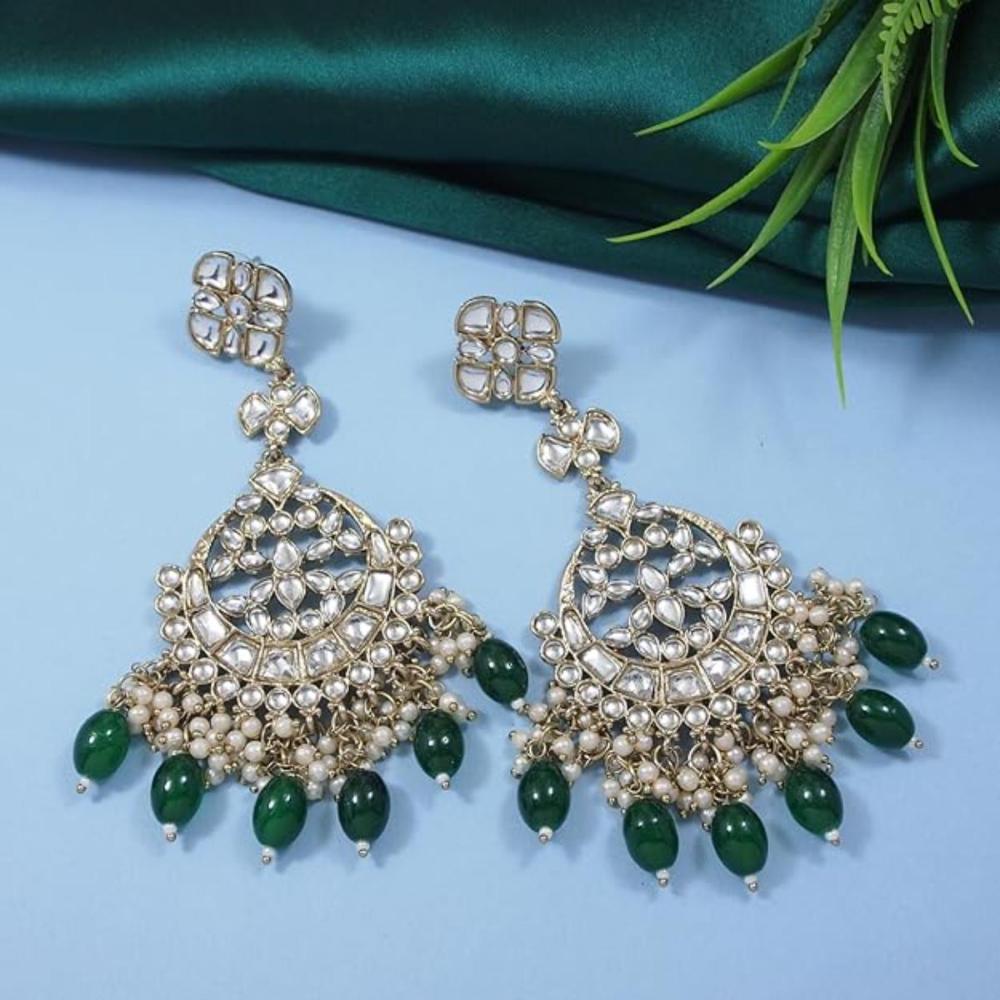 Gold Plated Traditional Kundan & Stone Studded Chandbali Earrings For Women