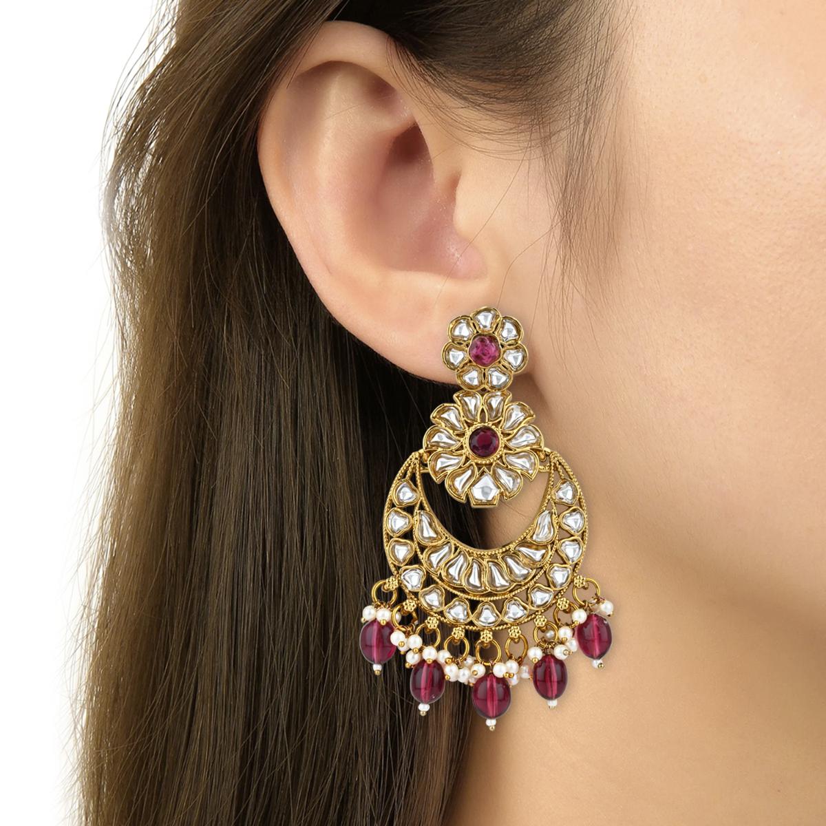 Etnico Gold Plated Traditional Handcrafted Kundan Pearl Floral Design Earrings For Women/Girls