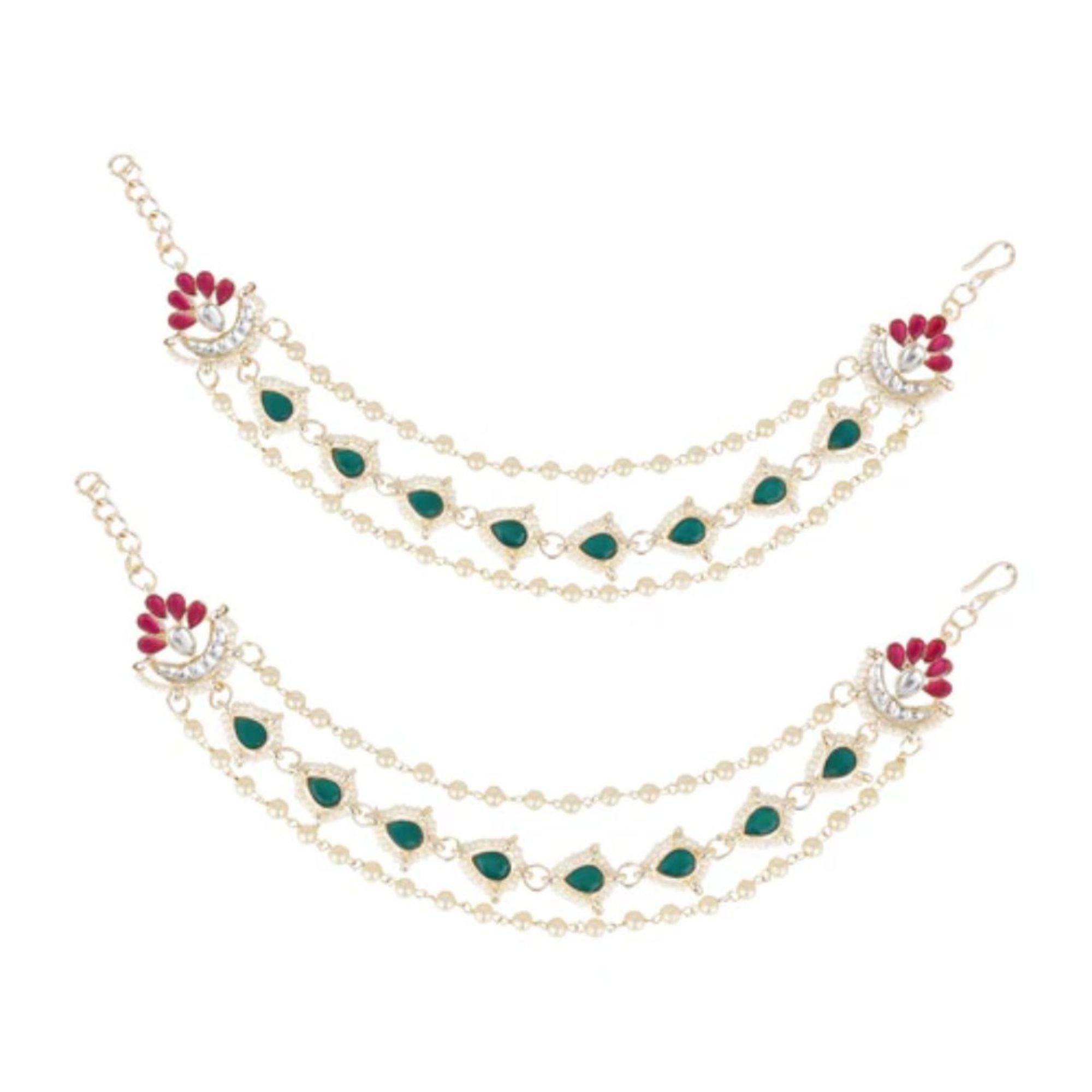 Etnico Gold Plated Traditional Layered Pearl Beaded Ear Chain with Kundan for Women