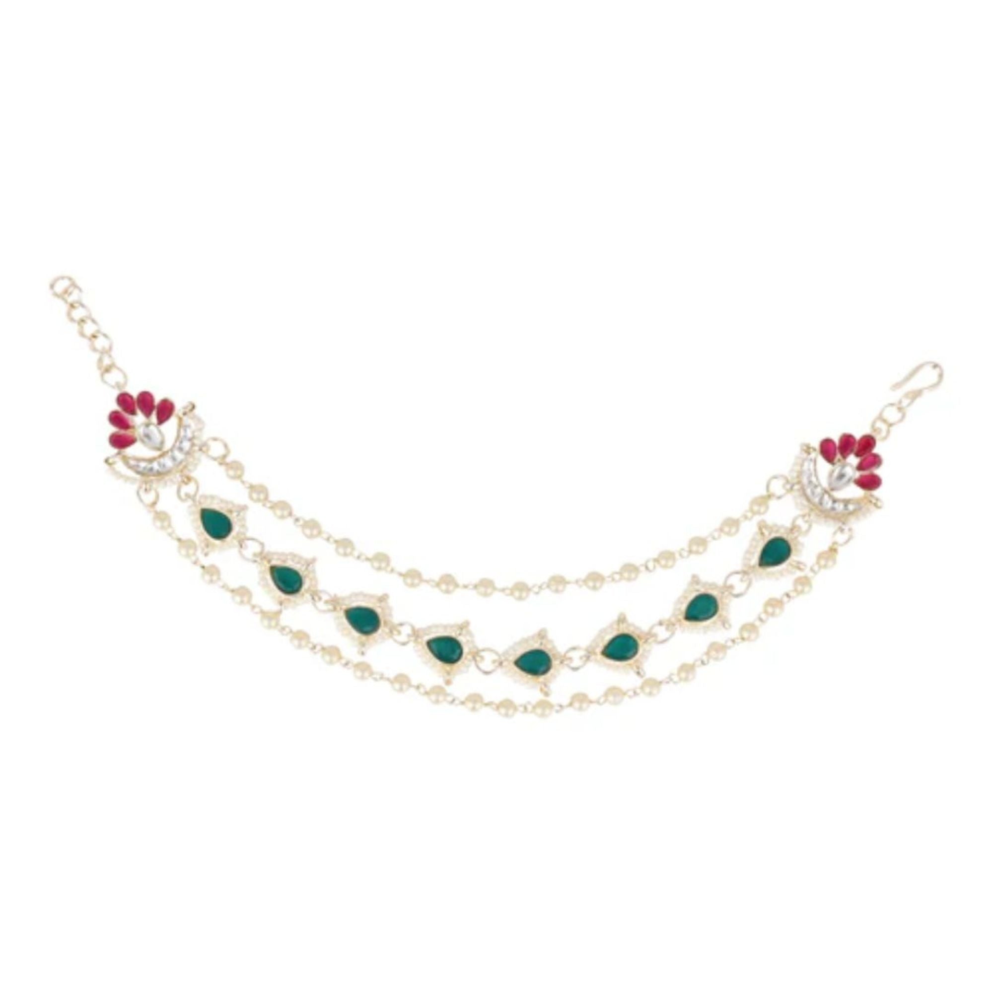 Etnico Gold Plated Traditional Layered Pearl Beaded Ear Chain with Kundan for Women