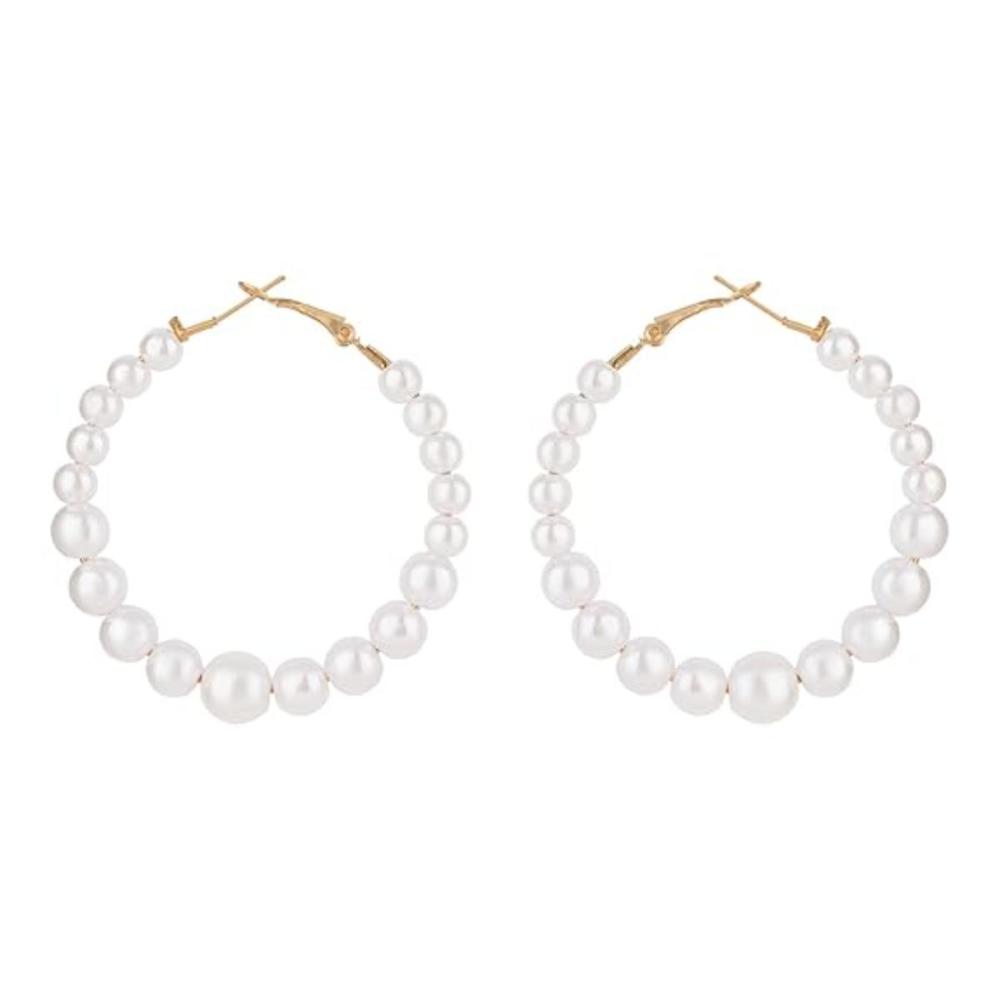 Etnico Latest Fashion Stylish Gold Plated Lightweight Round Pearl Hoop Earrings For Women (E3198W) (Style9)