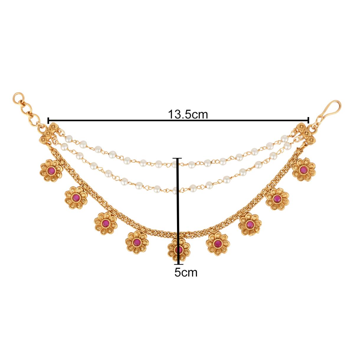 Etnico Gold Plated Traditional Flower Pearl Layered Hair Chain/Ear chain Accessories with Hook for Women