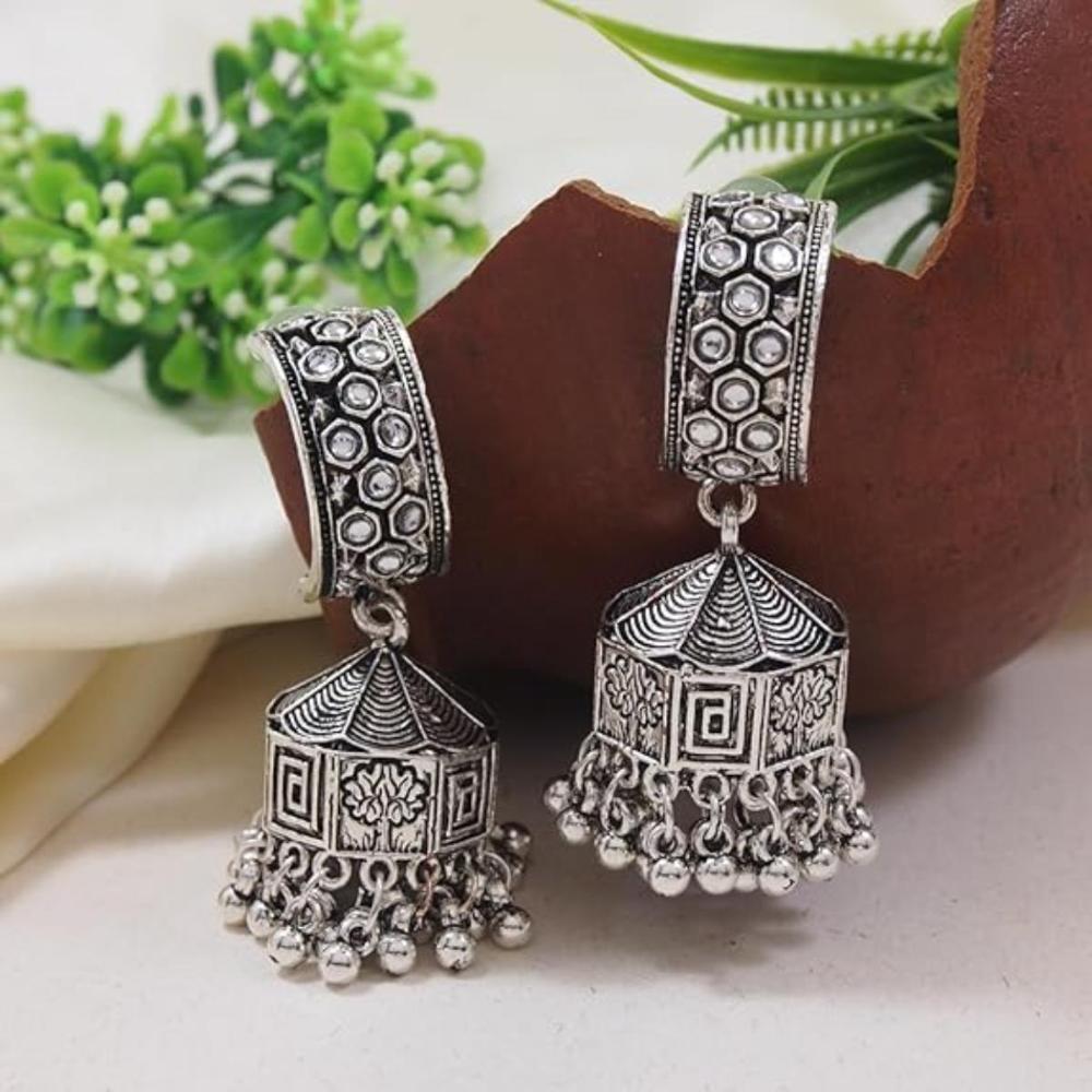 Etnico Silver Oxidised Jhumka Earrings For Women (E3235OX)