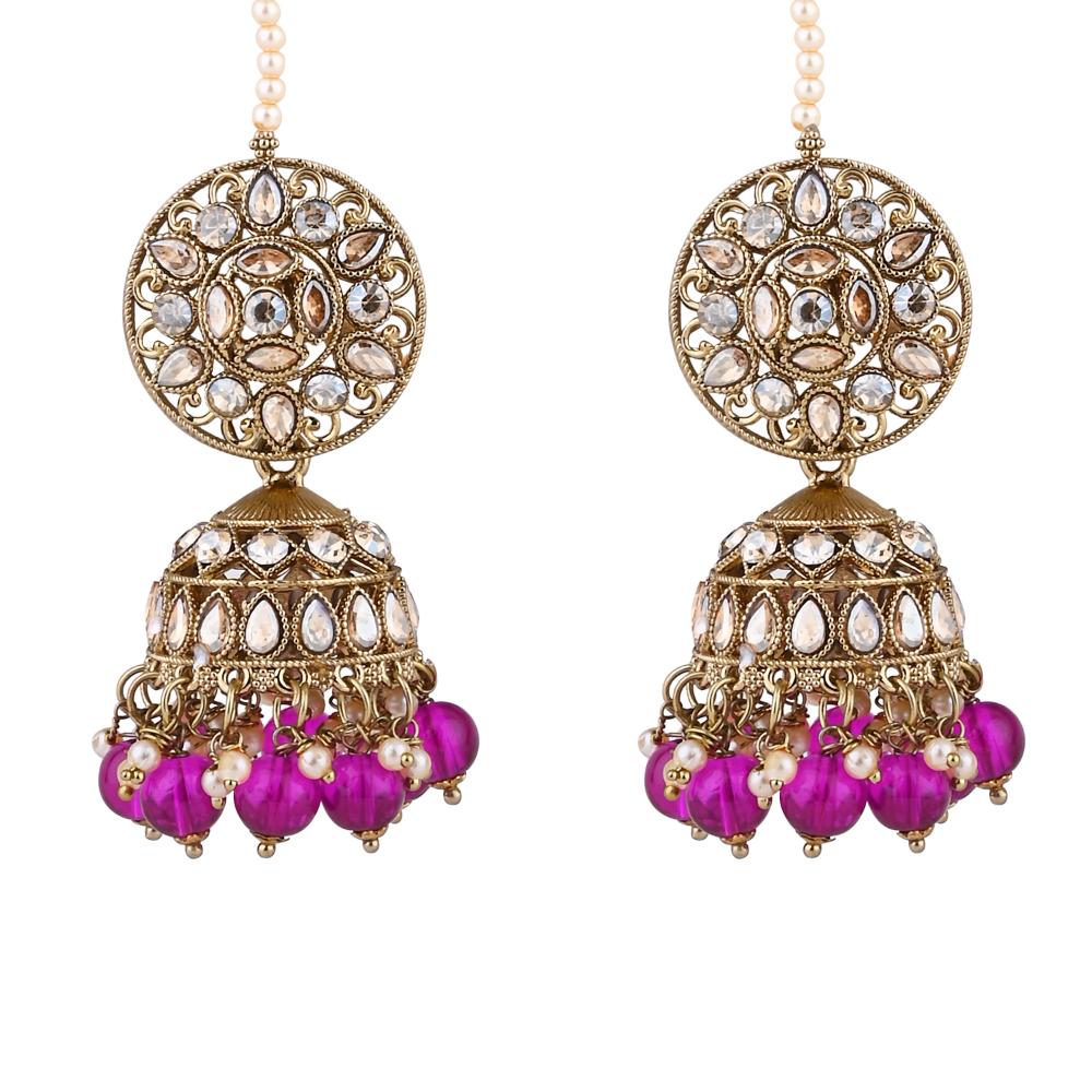 Etnico Gold Plated Traditional Kundan & Pearl Jhumka Earrings With Pearl Earchain For Women (E3259Pu)