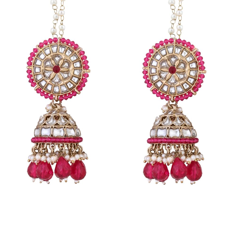 Etnico Gold Plated Traditional Kundan & Pearl Jhumka Earrings With Pearl Earchain For Women (E3260Q)