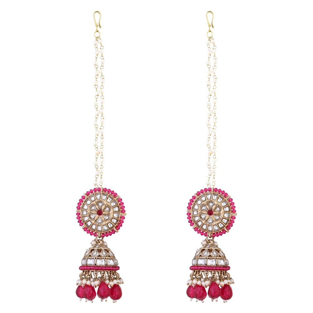 Etnico Gold Plated Traditional Kundan & Pearl Jhumka Earrings With Pearl Earchain For Women (E3260Q)