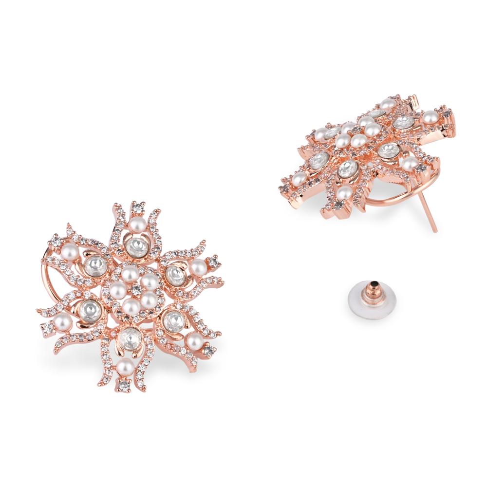 Etnico Rose Gold Plated Cubic Zirconia American Diamoand & Pearl Stud Earrings For Women (E3272RG)
