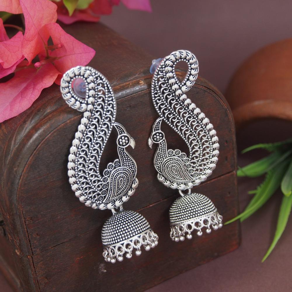 Etnico Silver Oxidised Peacock Afghani Boho Jhumka Earrings For