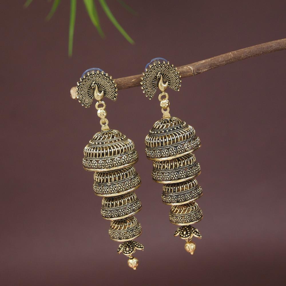 Etnico Gold Plated Peacock Multi Layered Jhumka Earrings For Women (E3286FL)