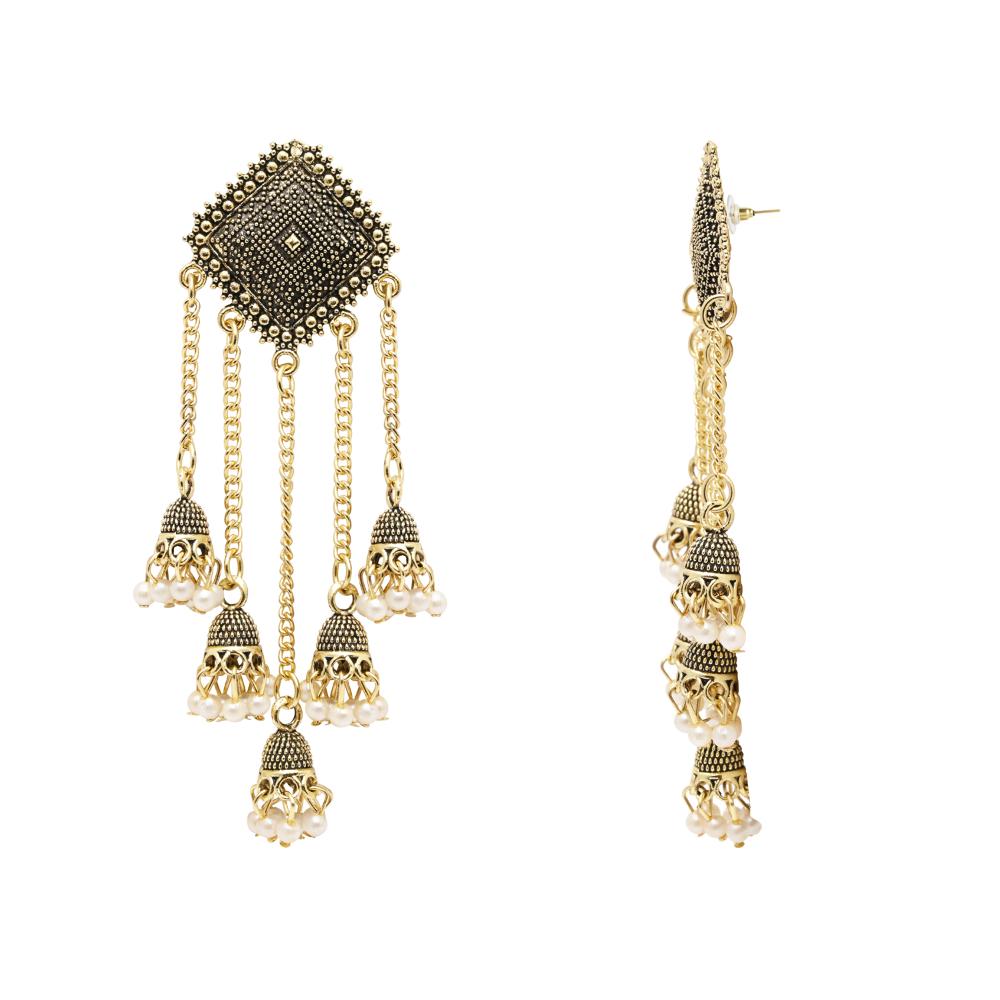 Etnico Gold Plated Multi Layered Dangle Jhumka Earrings For Women (E3287FL)