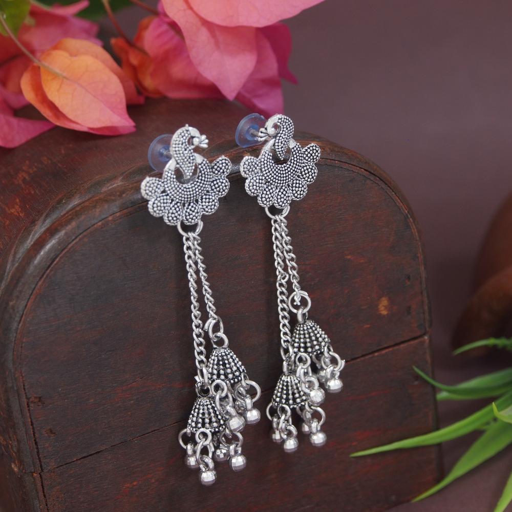 Etnico Silver Oxidised Peacock Design Ghungroo Earrings For Women