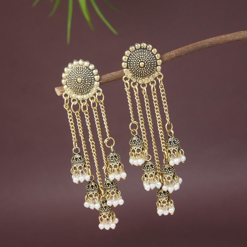 Etnico Gold Plated Multi Layered Dangle Jhumka Earrings For Women (E3298FL)