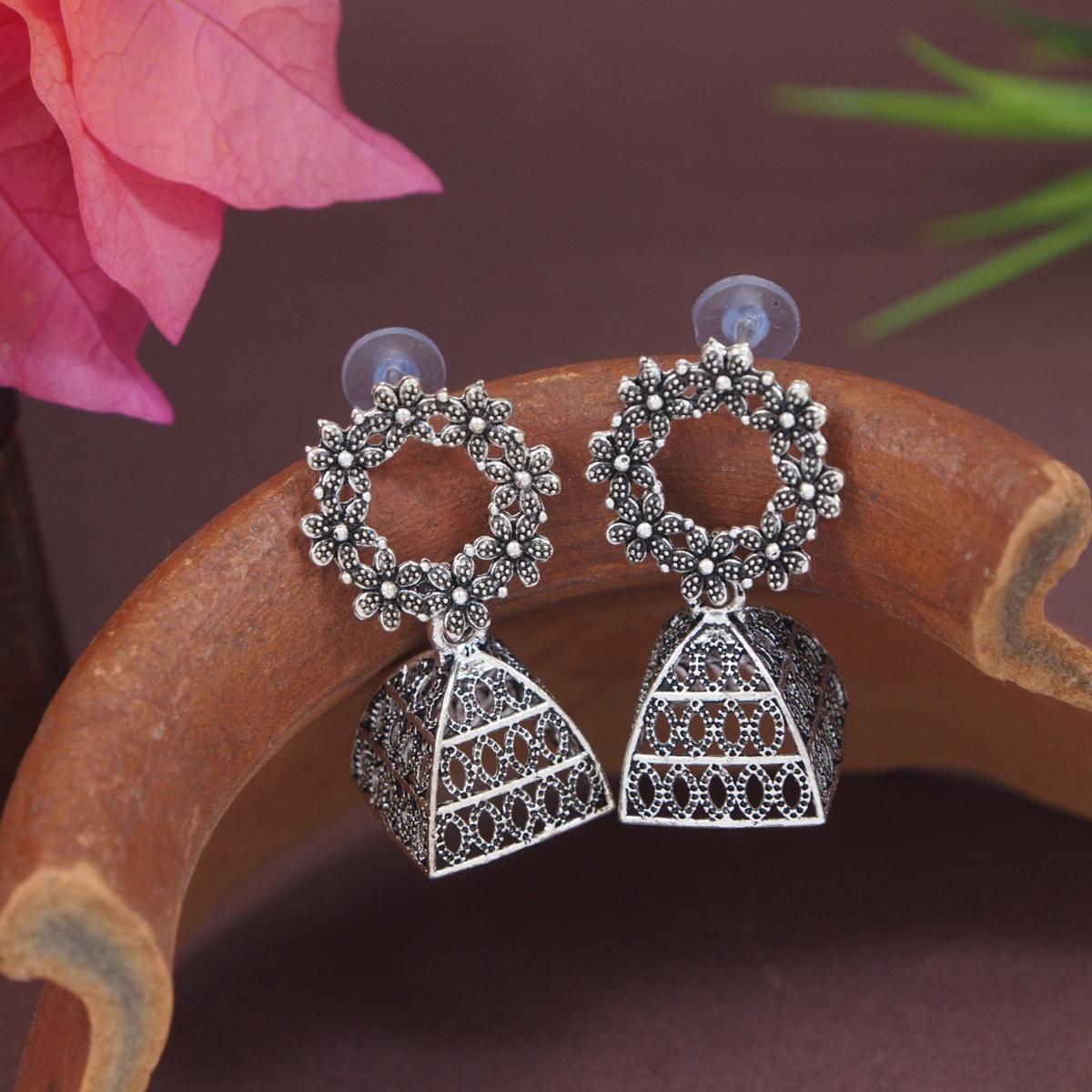 Etnico Traditional Stylish Fancy Silver Oxidised Afghani Jhumka Earrings Combo For Women
