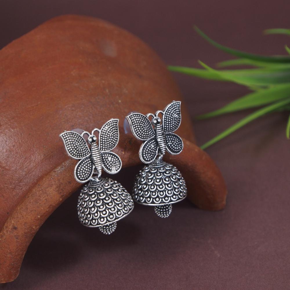 Etnico Silver Oxidised Butterfly Jhumka Earrings (E3310OX
