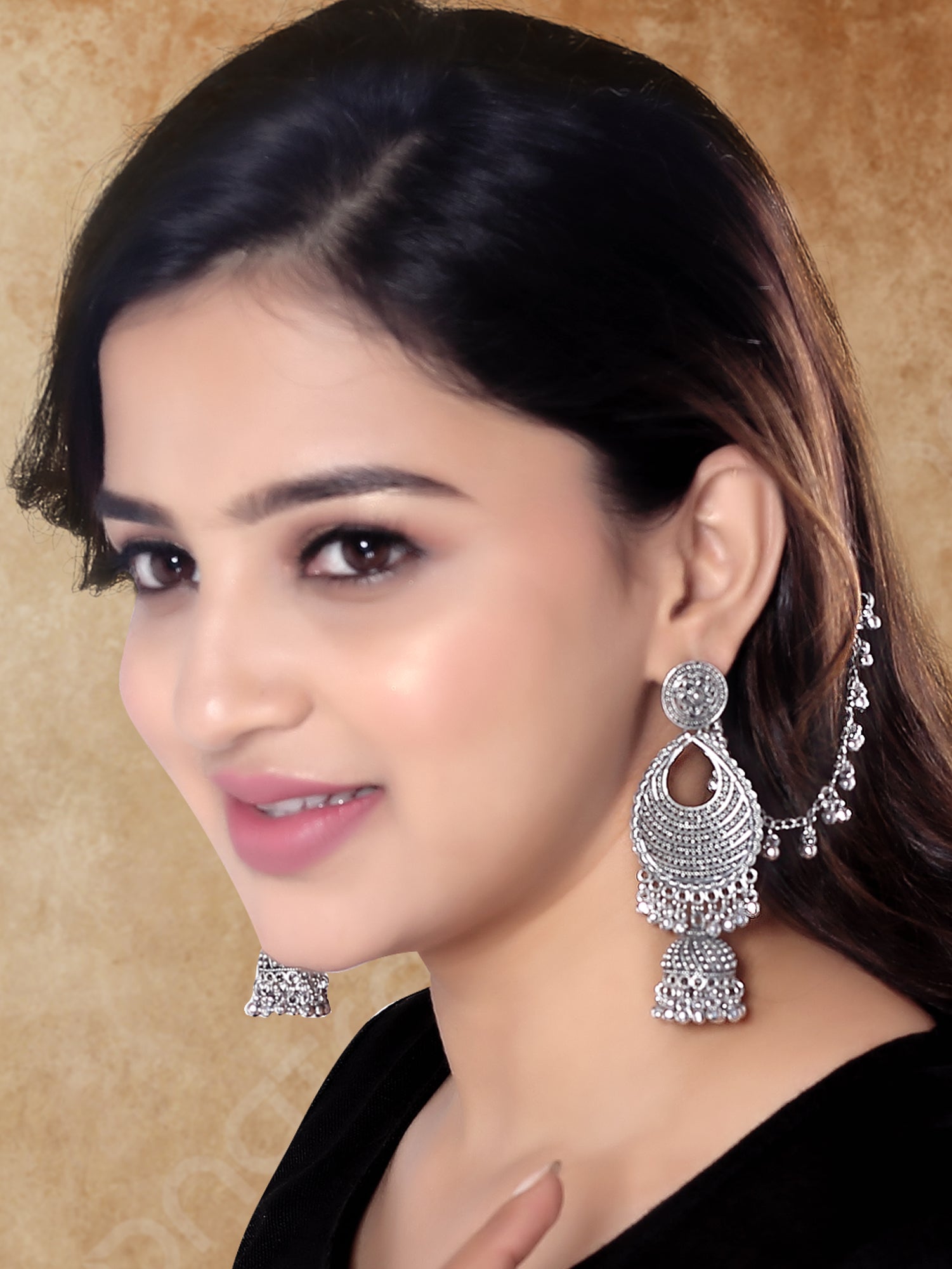 Etnico Silver Oxidised Traditional Jhumka Hair Chain/Ear chain Accessories with Hook For Women