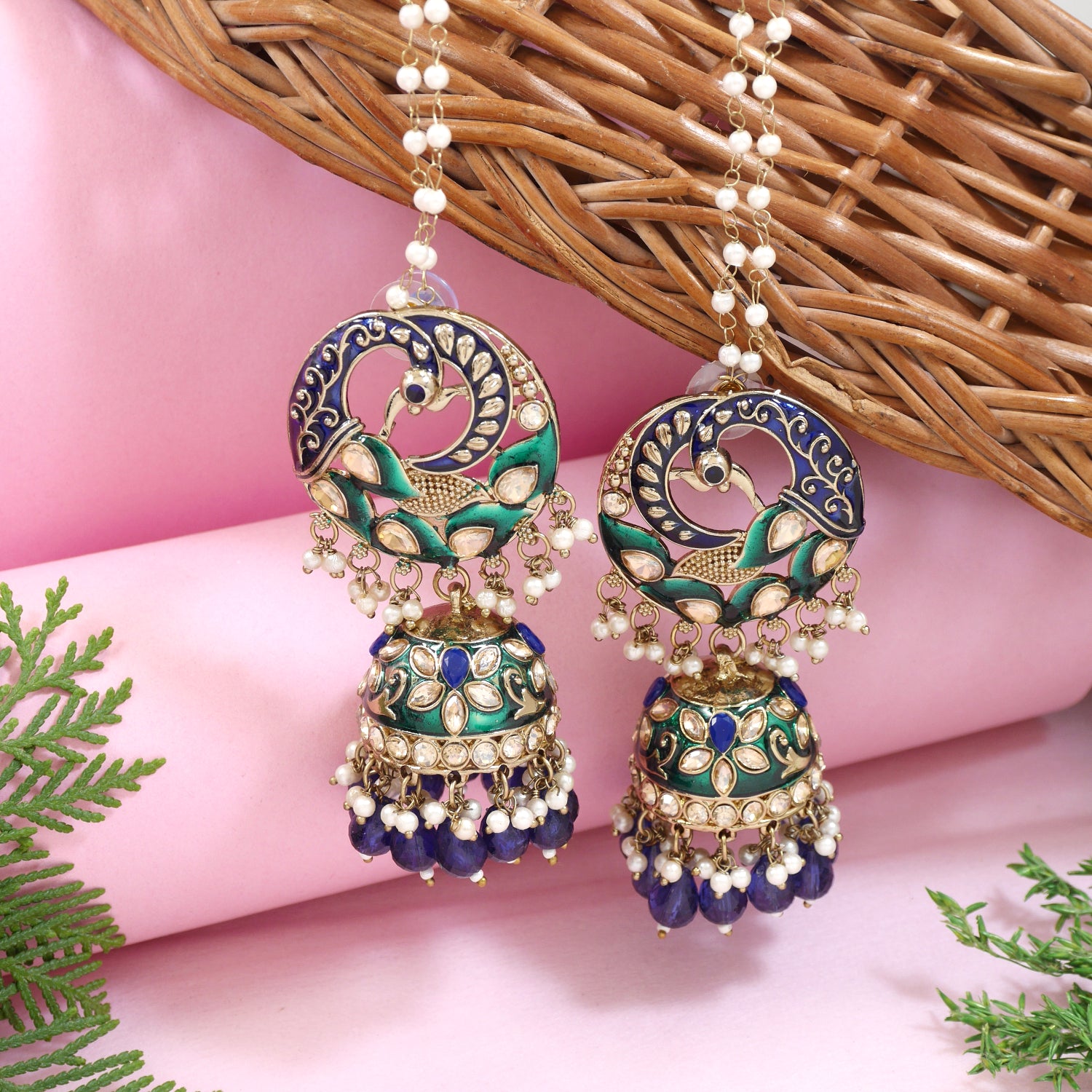 Etnico Gold Plated Traditional Meenakari Jhumka with Ear chain For Women