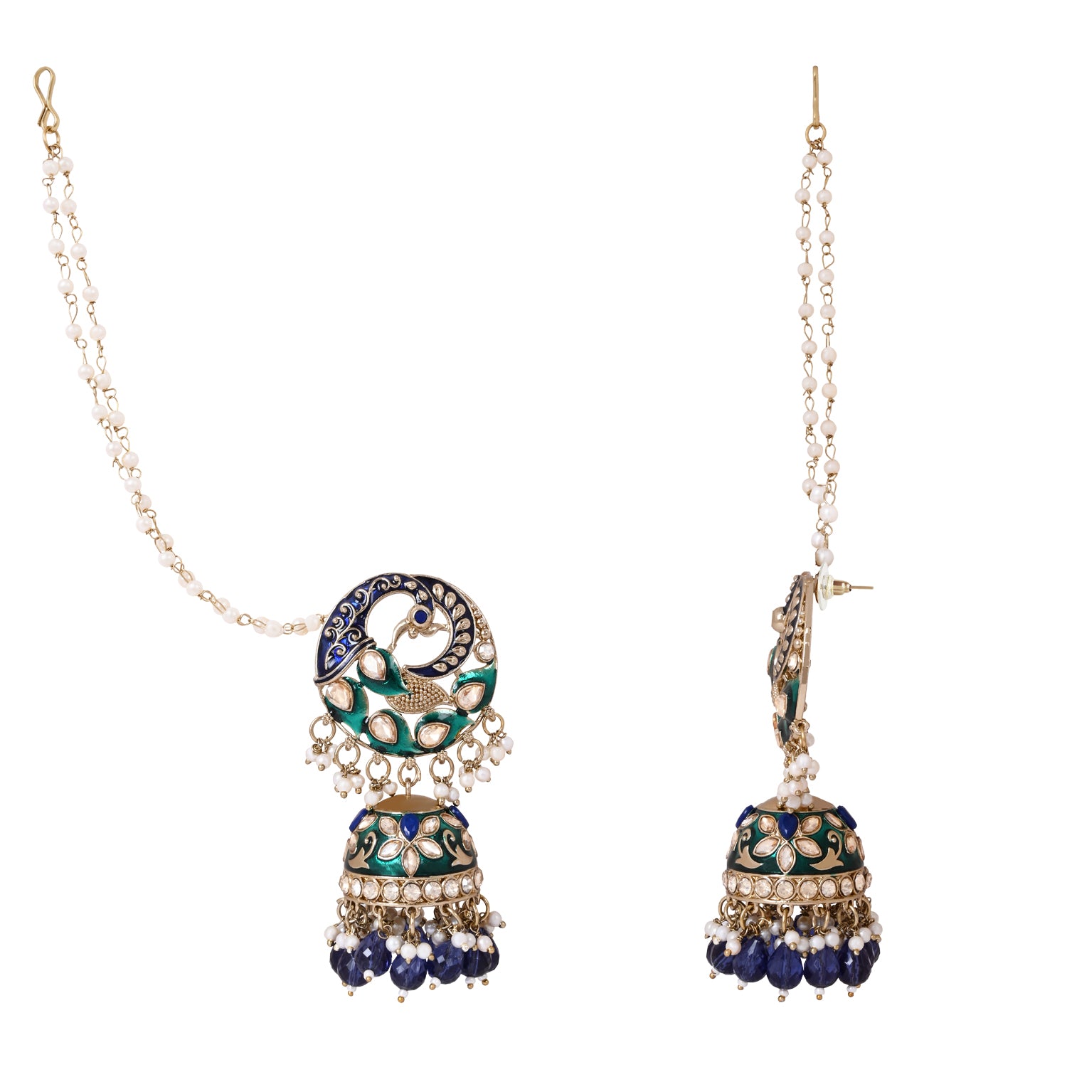 Etnico Gold Plated Traditional Meenakari Jhumka with Ear chain For Women