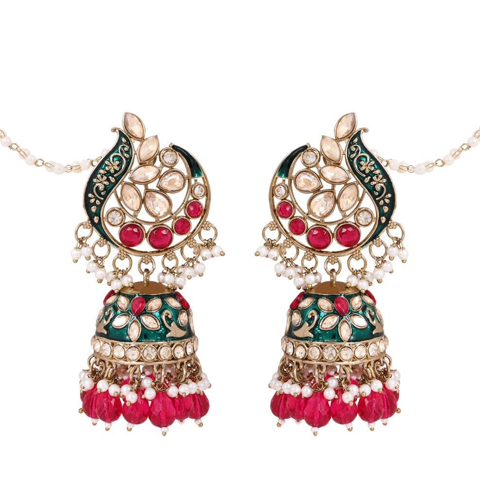 Etnico Gold Plated Traditional Meenakari Kundan & Pearl Jhumka Earrings With Earchain For Women