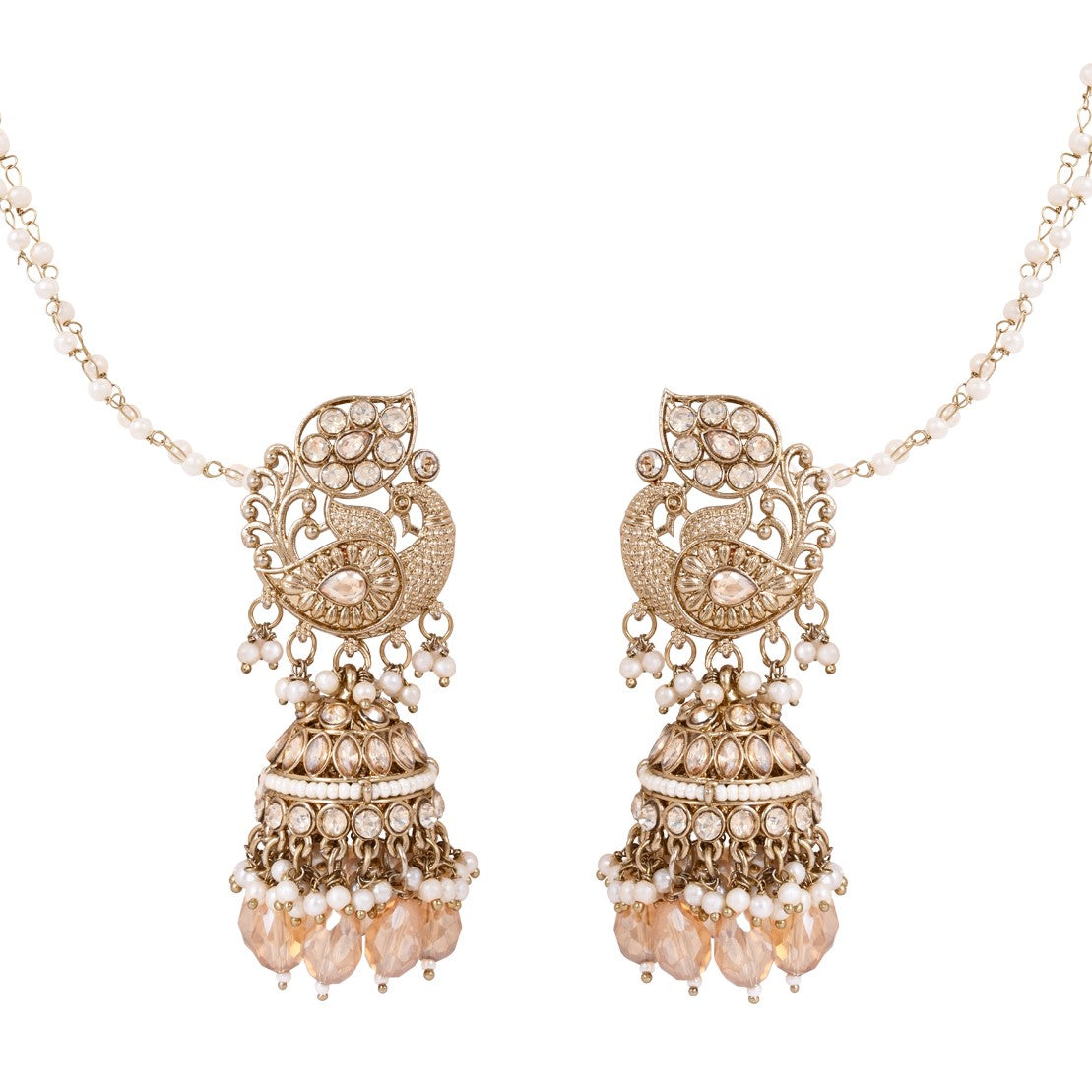 Etnico Gold Plated Traditional Kundan & Pearl Jhumka Earrings With Earchain For Women