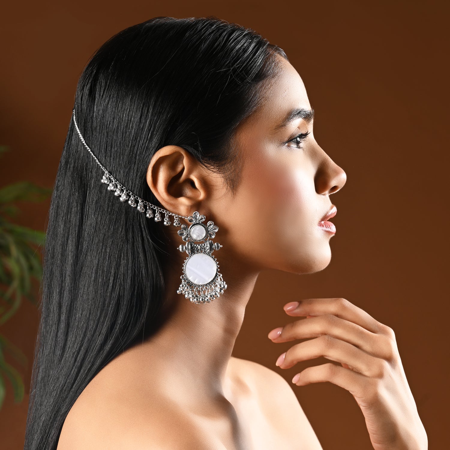 Etnico Silver Plated Traditional Statement Earring With Ear Chain for Women