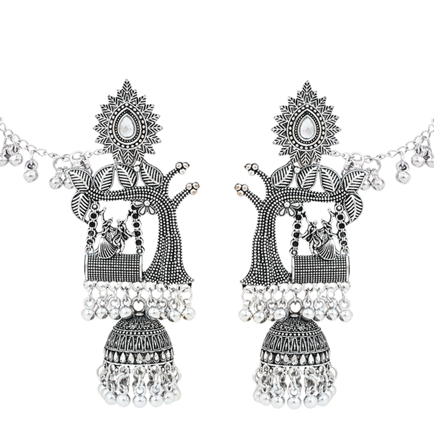 Etnico Silver Plated Traditional Jhumka Motif Oxidised Earring With Ear Chain for Women
