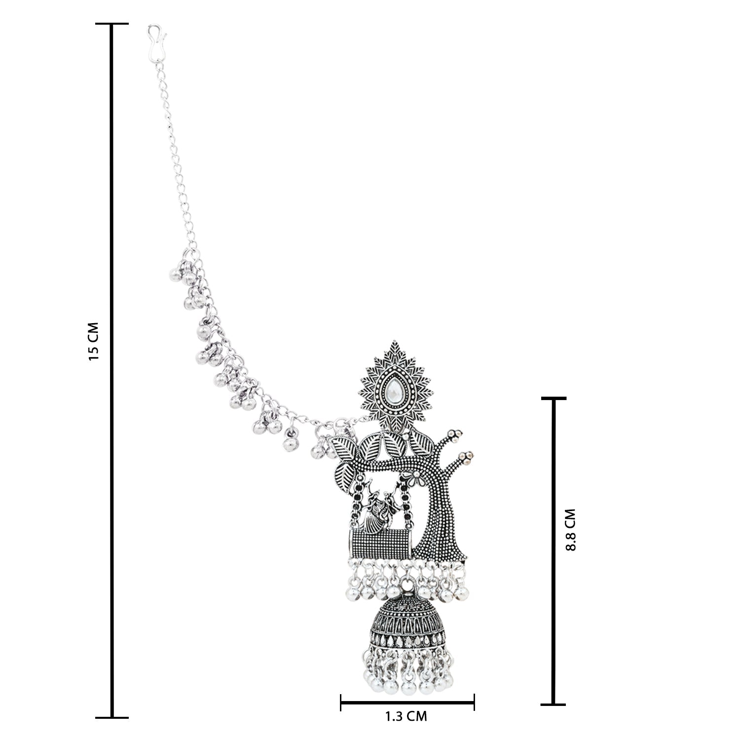 Etnico Silver Plated Traditional Jhumka Motif Oxidised Earring With Ear Chain for Women