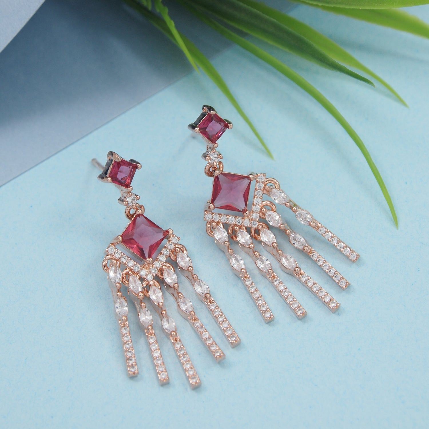 Etnico Rose Gold Plated American Diamond Cubic Zirconia Dangler Earrings