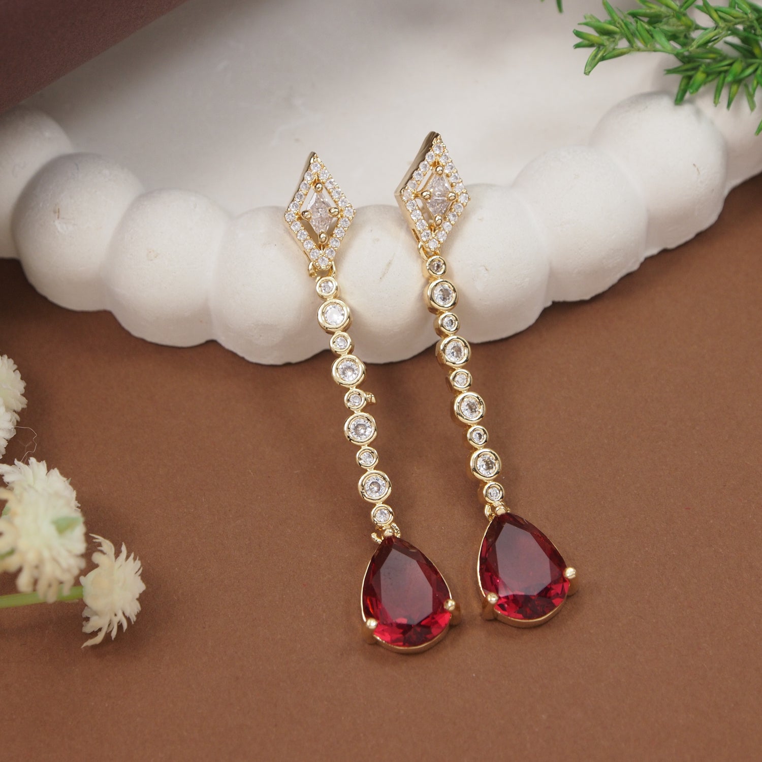 Etnico Gold Plated American Diamond Cubic Zirconia Linear Drop Dangler Earrings