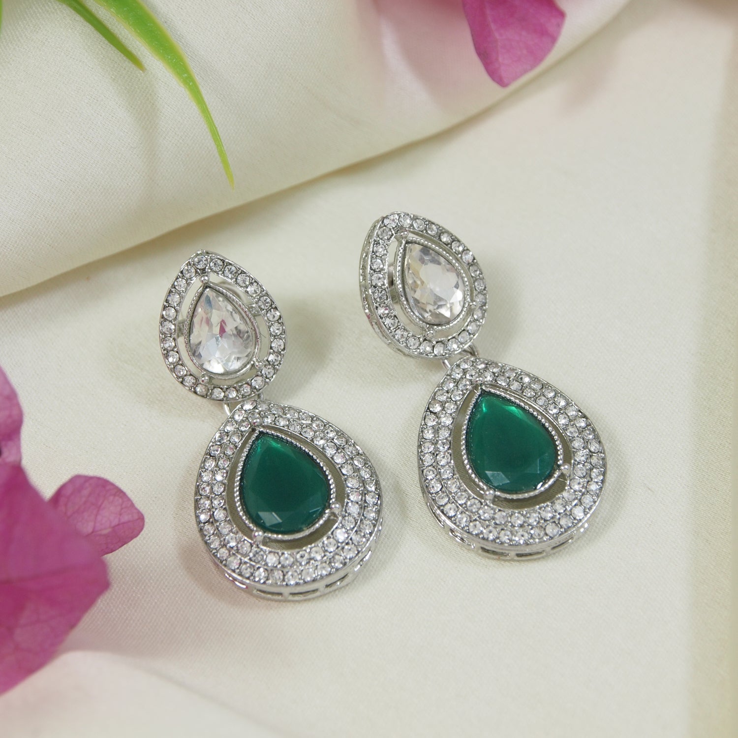 Etnico Silver Plated Traditional Stone & Beads Tear Drop Earrings For Women