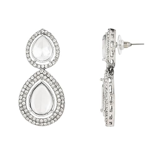 Etnico Silver Plated Traditional Stone & Beads Tear Drop Earrings For Women