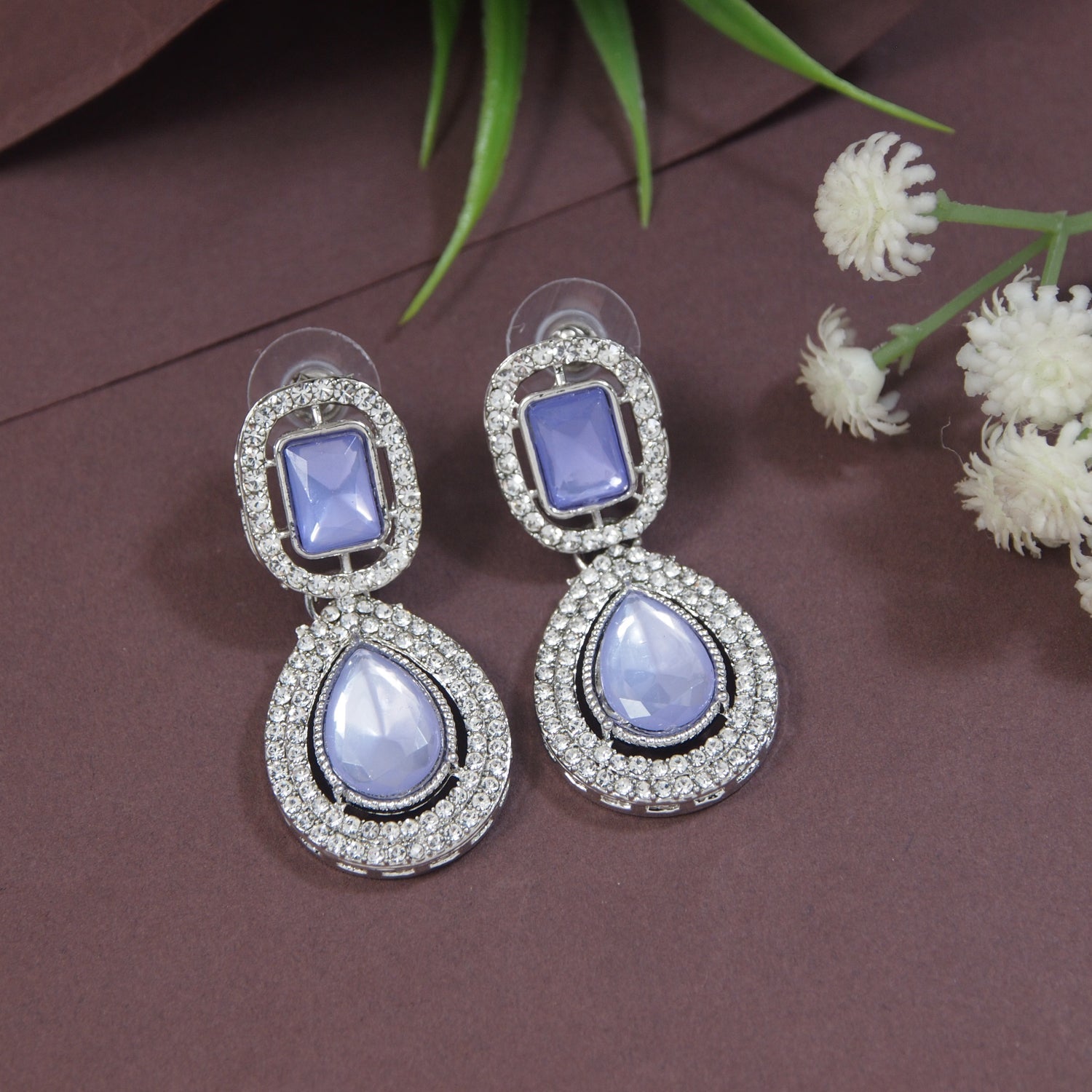 Etnico Silver Plated Traditional Stone & Beads Tear Drop Earrings For Women