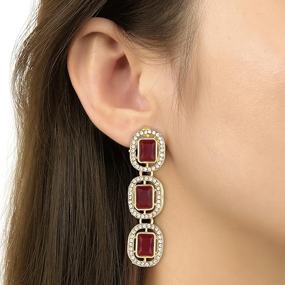Etnico Gold Plated Traditional White Stone Drop Dangle Earrings For Women