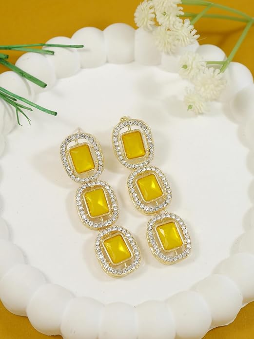 Etnico Gold Plated Traditional White Stone Drop Dangle Earrings For Women