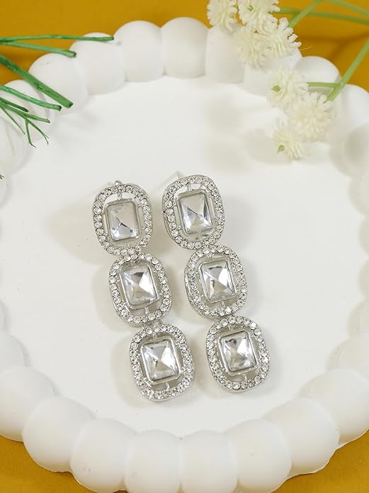 Etnico Gold Plated Traditional White Stone Drop Dangle Earrings For Women