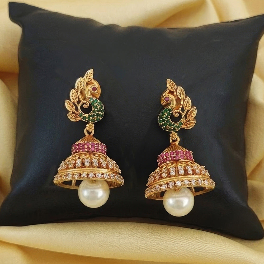 Js Fashion Kemp Jewellery Matte Gold Polish Peacock Design Kemp Jhumka Earrings