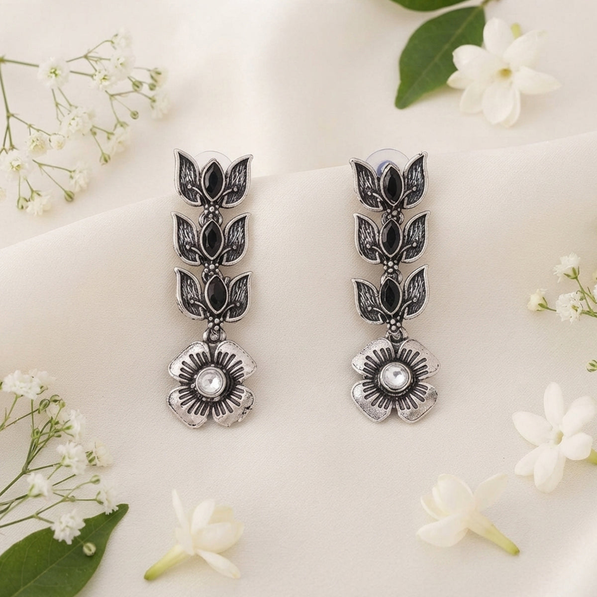 Js Fashion Beautiful Full Stone Oxidized Silver Fancy Style Earrings