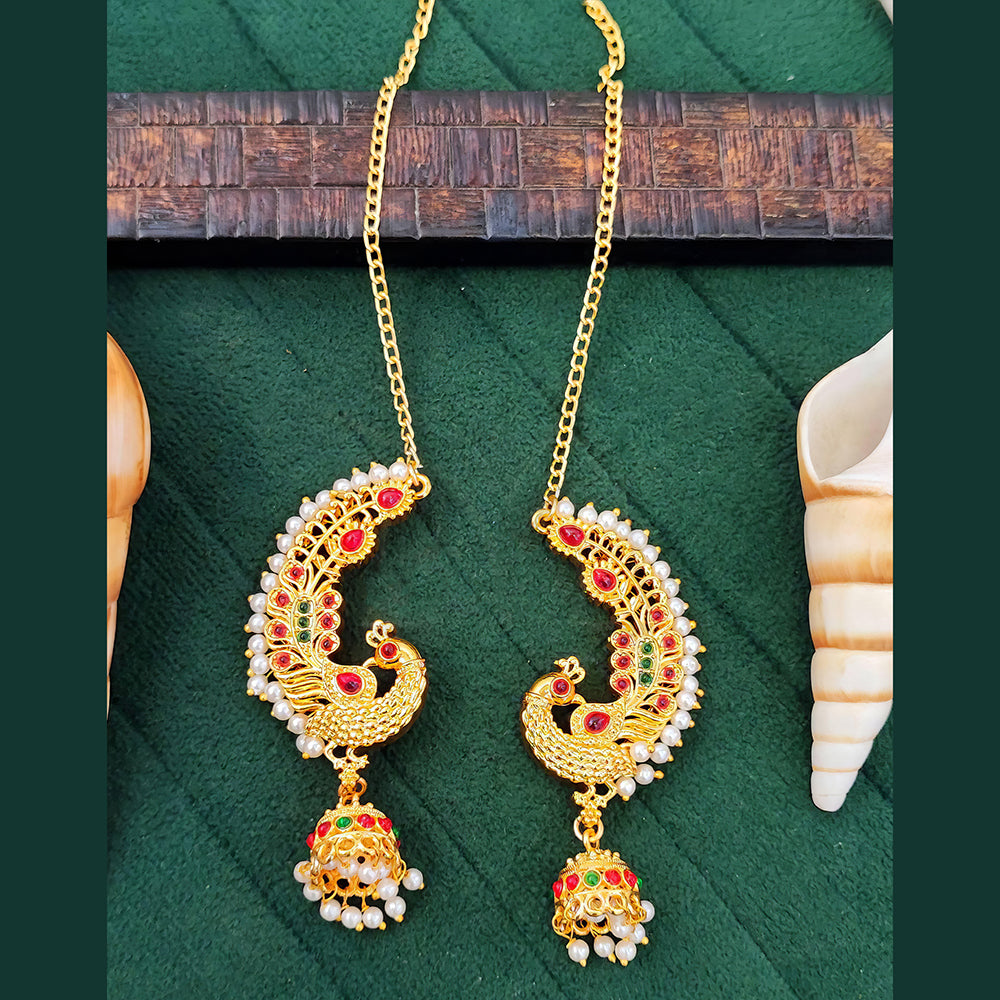 Js Fashion Antique Peacock Kaan Chain Jhumka Earrings with Pearls