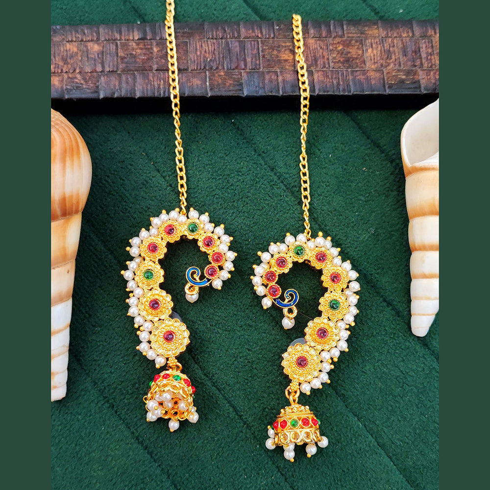 Js Fashion Floral Peacock Kaan Chain Jhumka Earrings with Pearls