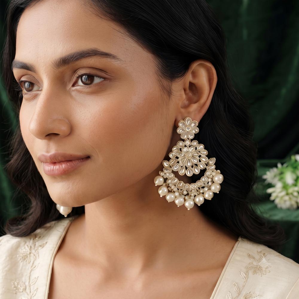 Js Fashion Designer Pearl Chandbali Earrings with Kundan Work