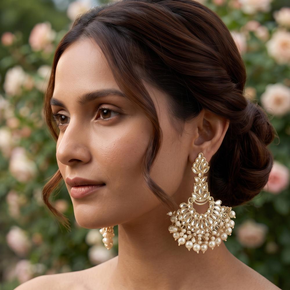 Js Fashion High Gold Kundan Pearl Chandbali Earrings for Women