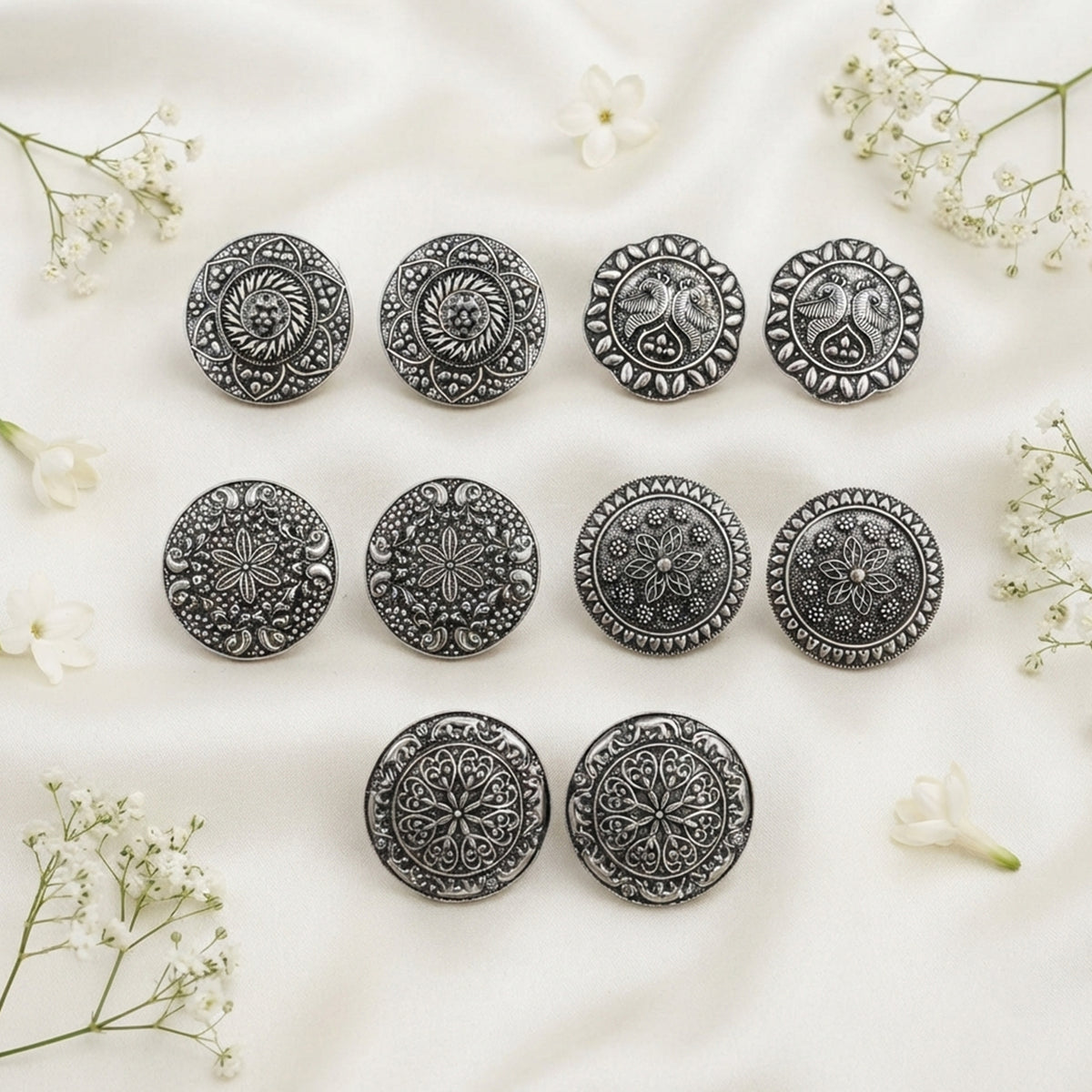 Js Fashion Pack of 5 Oxidized Silver Round Stud Earrings Combo set for Women